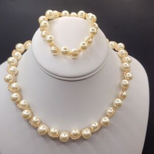 Vintage Shofel Bros Signed SHB Faux Pearl Beaded Collar Necklace And Bracelet